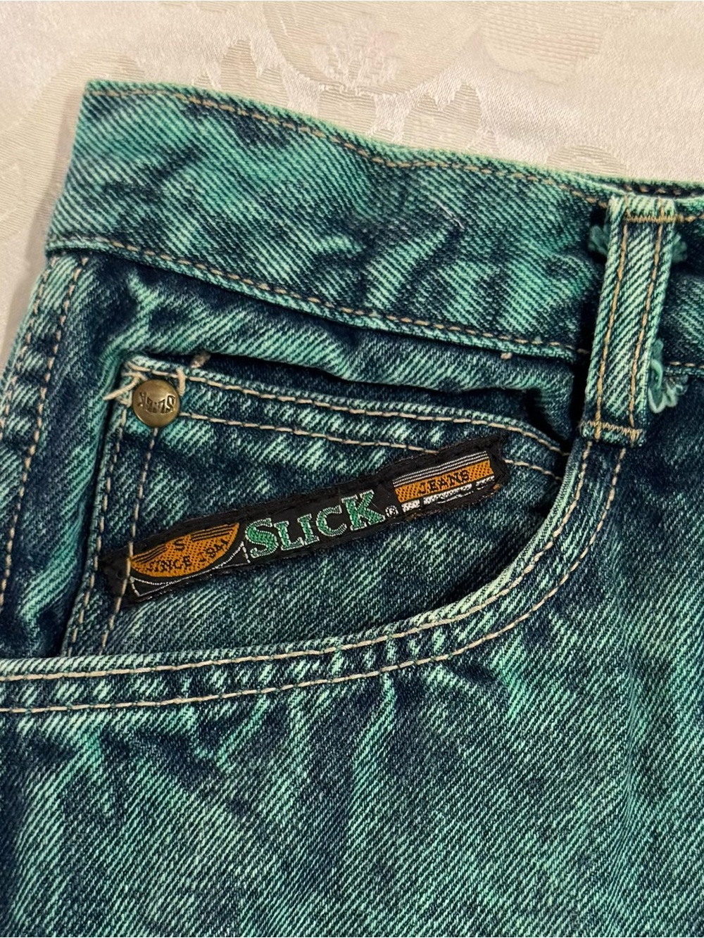Vintage Slick Men's Denim Jeans, Size 32 x 32, Straight-Leg, Acid Wash Teal, Y2K - Picture 7 of 11